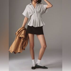 Exquise The Tobie Short-Sleeve Pleated Blouse (Color: Neutral Pattern)Size XS
